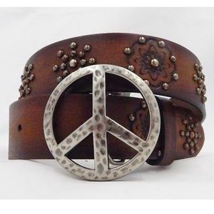 Brighton Brown Leather Belt with Silver Peace Buckle